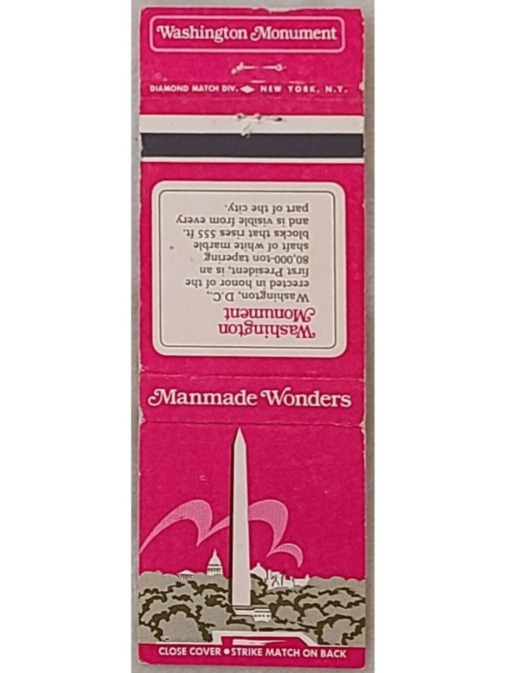Vintage Washington Monument DC Manmade Wonders Matchbook Cover Diamond Match
